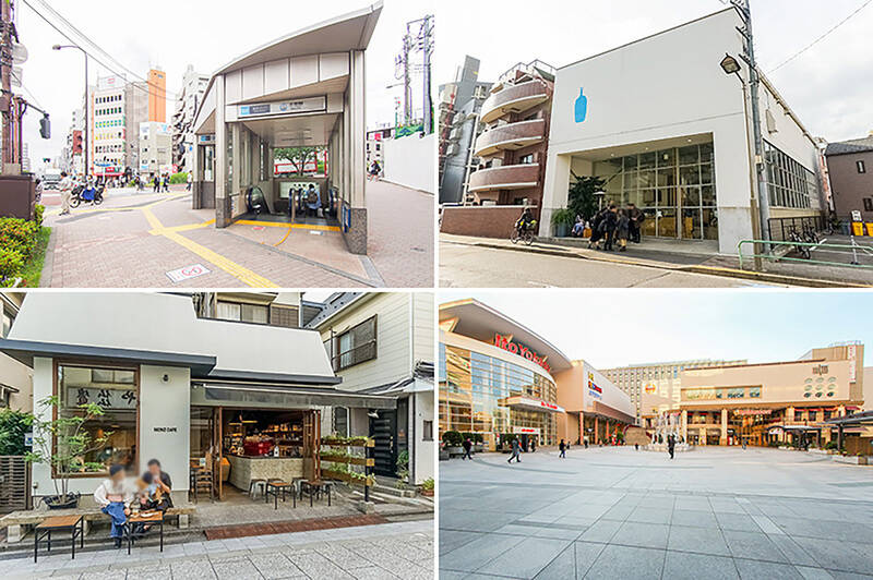 <b>左上・</b>最寄りは東京メトロ東西線「木場」駅(徒歩10分)。/<b>右上・</b>「ブルーボトルコーヒー 清澄白河フラッグシップカフェ」(徒歩9分)のオープン以来、おしゃれなお店が増え続けている “清澄白河エリア” は物件の北西側に。/<b>左下・</b>古きよき街並みにスッと溶け込んでいる「MONZ CAFE(モンズカフェ)」はコーヒーの美味しさに定評あり。夜はテラス席に座ってクラフトビールで乾杯!(徒歩13分)/<b>右下・</b>映画館、レストランなど商業施設が幅広く揃う「深川ギャザリア」は、休日のお出かけにぴったりなスポットです。(徒歩12分)
