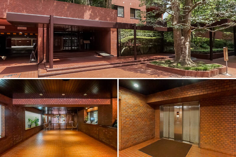 <b>上・</b>A棟とB棟の間には豊かな植栽と庇付きの通路。敷地の使い方が贅沢です。／<b>左下・</b>オートロックかつ24時間有人管理で、セキュリティ面は安心感があります。／<b>右下・</b>共用ホールを抜けた先にあるエレベーター。