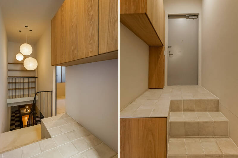 <b>左・</b>さっそく素敵……。住戸は地下1階・1階部分のメゾネットタイプ。高い天井を利用した、階段スペースの吹き抜けにグッと心を掴まれます。