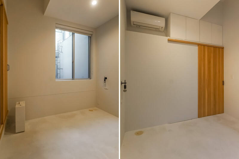 塗装仕上げの風合いが素敵な空間。出入り口の上部には収納が設けられています。