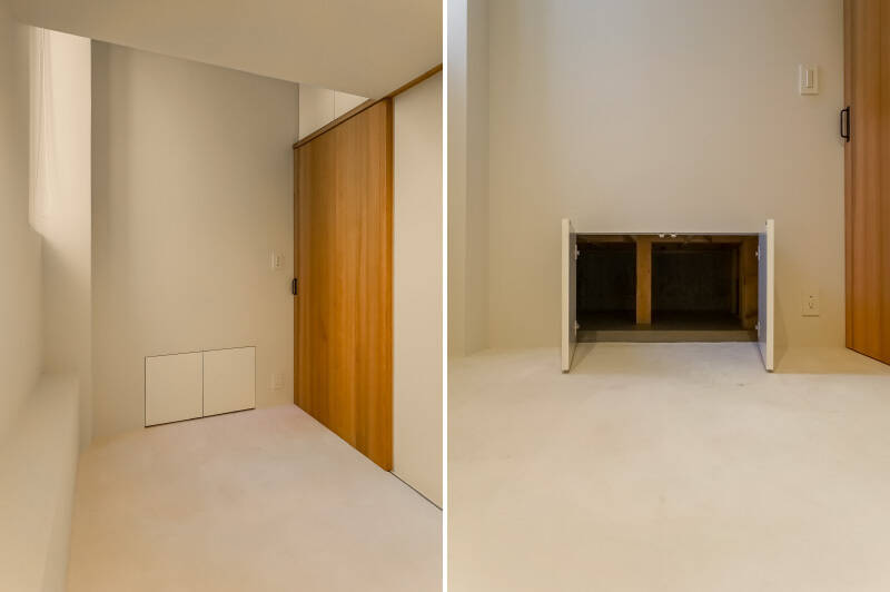 <b>左・</b>畳は取り外し可能。／<b>右・</b>足元にある両開き戸の中は、玄関下スペース。ちょっとしたアウトドア用品なら入れておけそう。