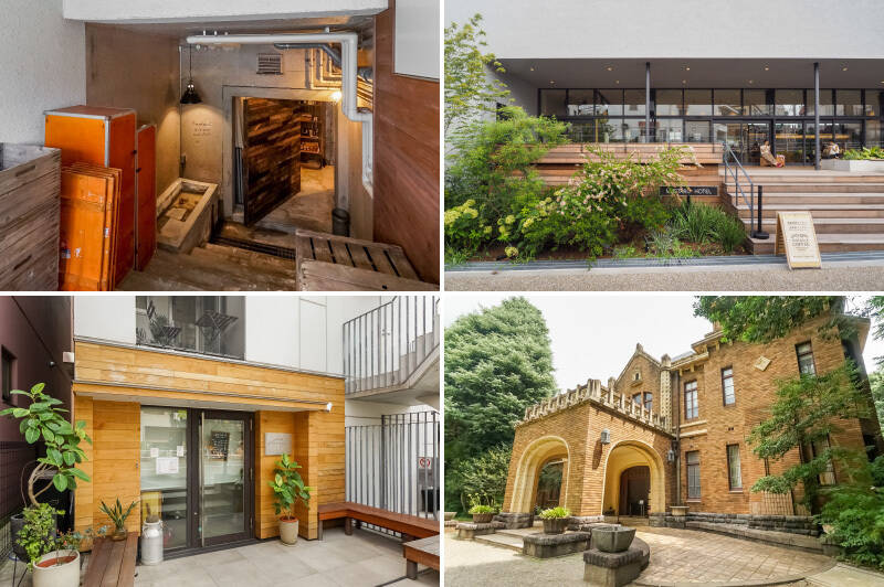 <b>左上・</b>もともと吉祥寺にお店を構えていたという「Roundabout（ラウンダバウト）」。時代を超え長く愛用できるアイテムが揃うセレクトショップです。（徒歩5分）／<b>右上・</b>ホテル併設のカフェ「SIDEWALK COFFEE ROASTERS（サイドウォークコーヒーロースター）下北沢店」も地上線路跡地にできたトレンドスポット。自家焙煎コーヒーと工房で焼くベーグルを味わえます。（徒歩8分）／<b>左下・</b>首都圏の有名ベーカリーで活躍された青柳シェフの絶品パンが頂ける「BAKER Aoyagi（ベーカーアオヤギ）」。（徒歩5分）／<b>右下・</b>春はお花見スポットにもなる「駒場公園」。敷地内には重要文化財に指定されている「旧前田家本邸（洋館）」があります。（徒歩9分）