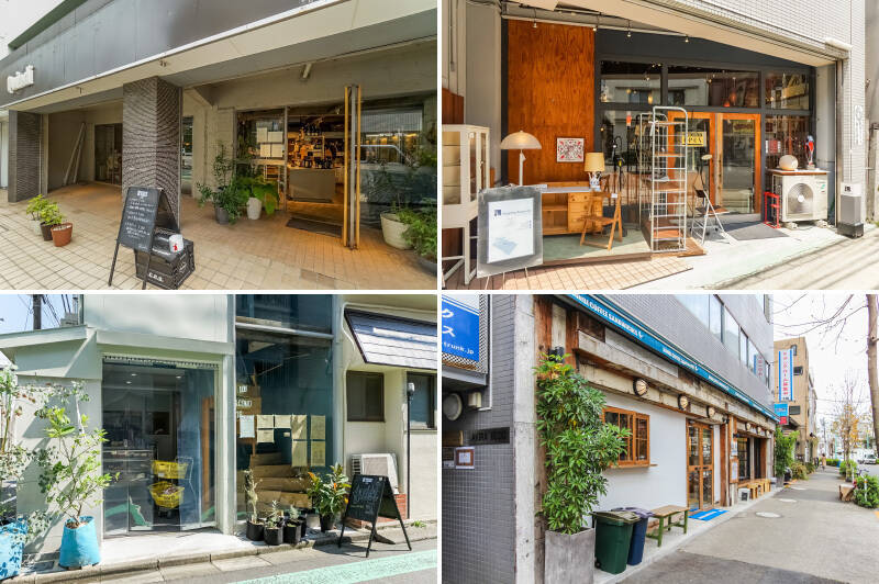 <p><b>左上・</b>「上原仲通り商店街」の入り口にあるイタリアンレストラン「Quindi（クインディ）代々木上原」では、厳選したこだわりの食材を使用した料理をいただけます。物販スペースでは、メニューに使われている食材やワインを購入することもできますよ。（徒歩6分）／<b>右上・</b>「Graphio/büro-stil（グラフィオ/ビューロスタイル）」は、ヴィンテージものの家具や雑貨を揃えるインテリアショップ。こちらの住まいに似合う掘り出し物を見つけてみては。（徒歩6分）／<b>左下・</b>アラカルトからフルコースまで、多彩なメニューを味わえる「tutti（トゥッティ）」。日中は1階の惣菜屋が、夜は2階のバーはがオープンします。（徒歩5分）／<b>右下・</b>「BONDI COFFEE SANDWICHES（ボンダイコーヒーサンドウィッチーズ）」は朝7時から営業。具材たっぷりのサンドイッチを頬張る幸せがすぐそばにあります。（徒歩7分）</p>