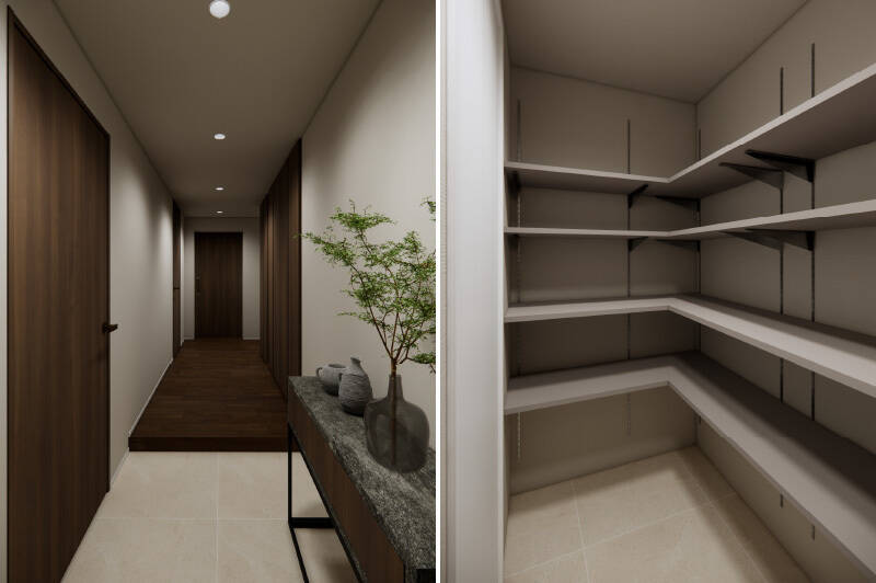 玄関まわりは、床や建具にダークカラーを使った印象的な空間。廊下収納のほかにも、可動棚付きのシューズインクローゼット（SIC）を設けます。