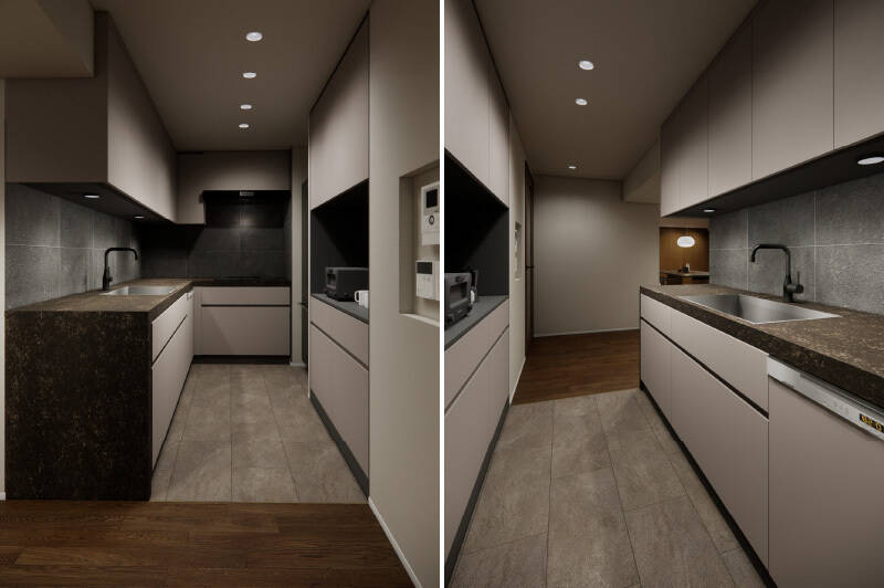 キッチンは3口コンロで食洗機を完備。壁の大判タイルやフィオレストーンの天板など、高級感のあるデザインです。