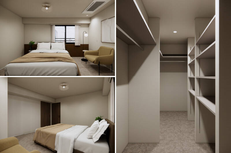 洋室は、ベッドのほかにも家具を置ける広さ（CGイメージではダブルベッドを配置しています）。収納として、大型のウォークインクローゼット（WIC）を用意します。