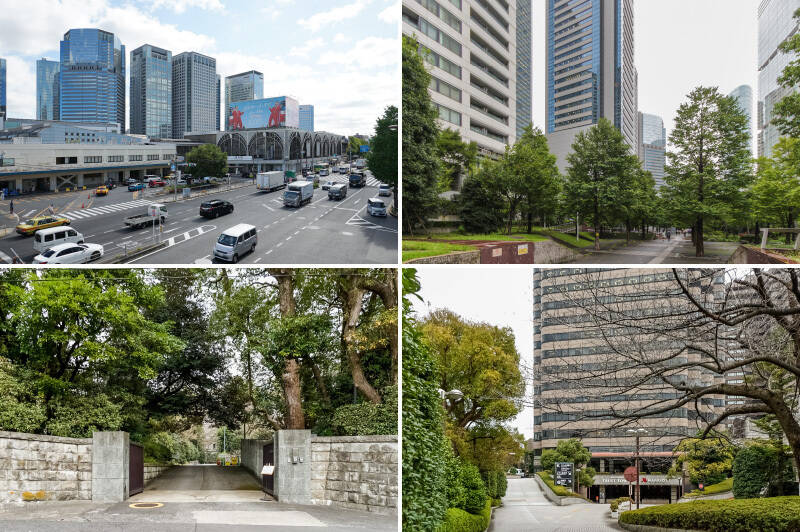 <b>左上・</b>最寄り駅の「品川」は、言わずと知れた国内外の都市を結ぶ交通の結節点。JRの各路線・京急本線・東海道新幹線が乗り入れ、羽田空港へのアクセスも便利です。（徒歩5分）／<b>右上・</b>駅とスカイデッキでつながる複合施設「品川グランサパージュ」。和・洋・中・エスニックなど各国の料理を楽しめるレストランが数多く入っています。（徒歩9分）／<b>左下・</b>三菱財閥創業者である岩崎家の高輪別邸跡である「三菱開東閣（かいとうかく）」。内部の一般公開はしていませんが、都会とは思えぬほどの木々に囲まれ、建物の重厚な造りや佇まいから古きよき歴史を感じます。（徒歩5分）／<b>右下・</b>多くの一流ビジネスパーソンが利用する「東京マリオットホテル」（徒歩7分）には、モーニングやアフタヌーンティーを楽しめるラウンジも。裏手には昔ながらの面影を残す日本庭園の「御殿山庭園」があります。