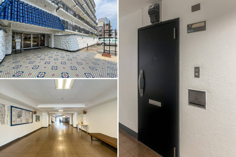 <b>左上・</b>眩しいブルーの瓦屋根は、こちらのマンションのトレードマーク。／<b>左下・</b>エントランスホールは、隅々まできれいに清掃が行き届いている印象です。／<b>右・</b>ご紹介する住戸は4階に所在します。