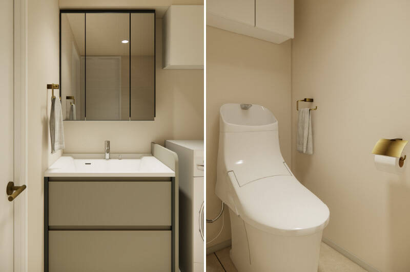 <p><b>左・</b>洗面台はカウカモのオリジナル。キッチンと同じ色味で統一感がありますよ。洗濯機置き場の上部には棚を設けます。／<b>右・</b>トイレは吊り戸棚付き。金物には、洗面まわりとお揃いの真鍮素材を採用します。</p>