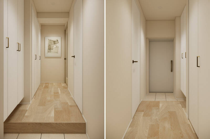 シューズボックスだけでなく、大きめの廊下収納を設置します。玄関扉を背にして正面の壁にアートを飾れば、住まいのアイキャッチに。