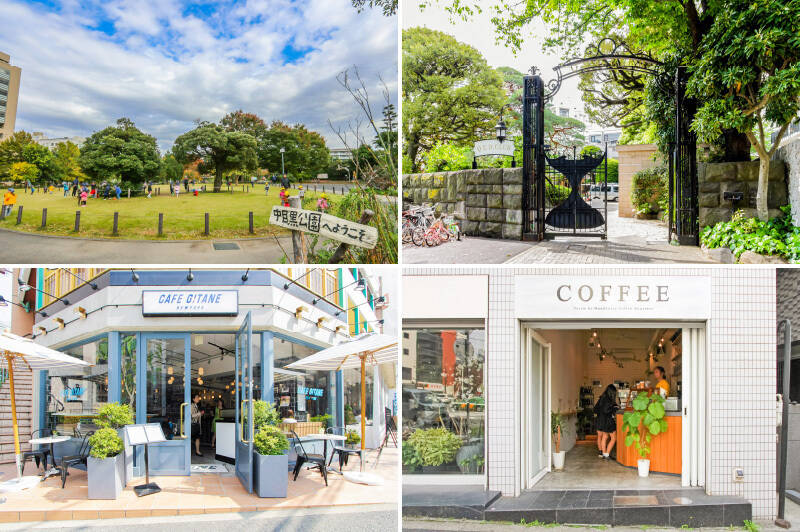 <b>左上・</b>目黒川に寄り添う「中目黒公園」。芝生広場があり、春は人気のお花見スポットです。（徒歩7分）／<b>右上・</b>マンションのすぐお隣には、庭園を眺めながらフレンチや鉄板焼きを味わえるレストラン「Q.E.D.CLUB（キュー・イー・ディー クラブ）」が。（徒歩1分）／<b>左下・</b>「CAFE GITANE（カフェ ジタン）」は、日本に初上陸したNYの人気カフェ。23時まで営業しており、遅い時間にも軽食を楽しめます。（徒歩7分）／<b>右下・</b>街散策のおとものコーヒーは、「Perch by WOODBERRY COFFEE ROASTERS（パーチ バイ ウッドベリー コーヒー ロースターズ）」で。（徒歩6分）