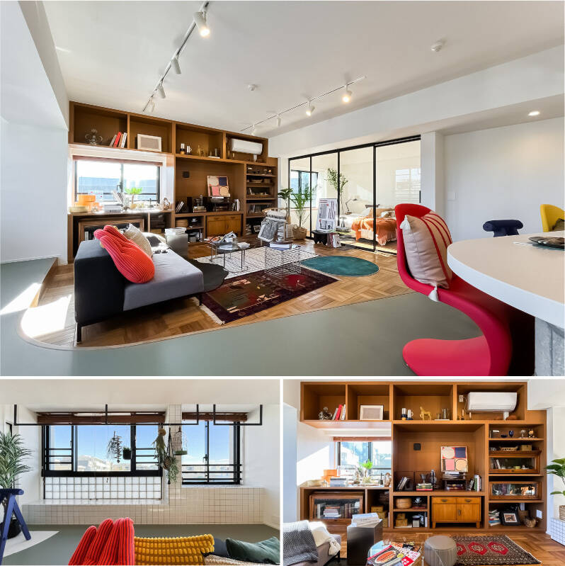 南東側には、タイルをあしらったベンチと窓台を。南西側には、造り付けの壁面収納が設けられています。