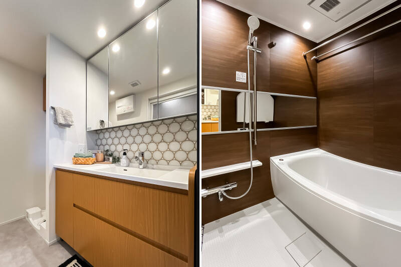 <b>左・</b>洗面台の丸模様がかわいらしい。／<b>右・</b>1418サイズのユニットは浴室乾燥機付き。