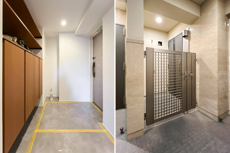 <b>左・</b>フロートタイプのシューズボックスの上には、小物などを置ける棚が設置されています。／<b>右・</b>玄関前には安心感ある門扉が。玄関扉の横にはコンパクトなトランクルームがありますよ。