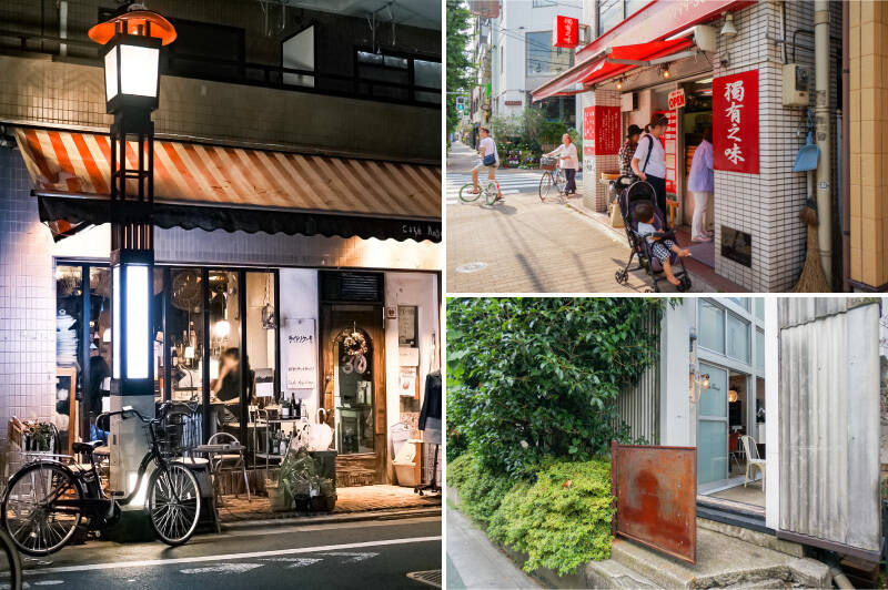 <b>左・</b>カフェ「アンジェリーナ」は、1990年から続く地元の方に愛されるお店です。なんと深夜2時まで営業しており、読書をしたり、友人とお酒や食事をしたりと、思い思いの時間を過ごせます。筆者おすすめは “豆乳とホワイトチョコのチーズケーキ”。訪れた際にはぜひ。（徒歩5分）／<b>右上・</b>台湾肉まんの「鹿港（ルーガン）」は、ほんのり甘い生地とジューシーな餡が美味しい。手土産にも◎（徒歩6分）／<b>右下・</b>「FER TRAVAIL（フェール トラヴァイユ）」。インダストリアルなアンティークが揃います。インテリア探しにおすすめ。（徒歩7分）