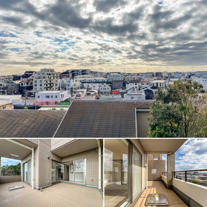 スカッとするほど見晴らしがよく、屋根のかかったバルコニーにもたっぷりの日差し。照明・コンセント・水栓付きです。