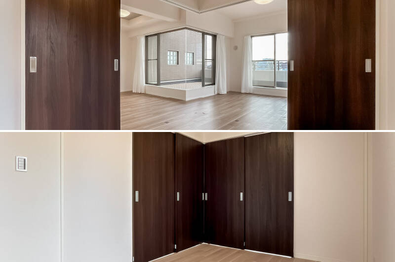 4枚の引き戸で個室化可能。床にレールがないため、扉を開け放つと、LDKと空間が一体に感じられます。