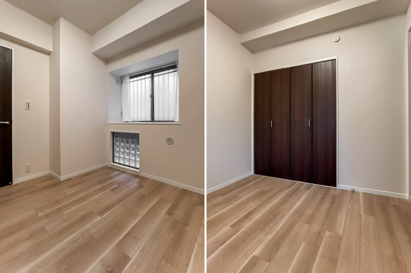 3つの中で最もコンパクトな居室ですが、しっかりクローゼットが付いているのがうれしいですね。ガラスブロックがさりげないアクセントになっています。