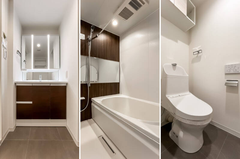 <p><b>左・</b>コンパクトな洗面脱衣室。洗面台の対面に洗濯機置き場があります。／<b>中央・</b>浴室換気乾燥機付きのユニットバス。1416サイズです。／<b>右・</b>廊下沿いに独立したトイレ。</p>