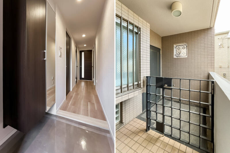 <b>左・</b>下足入れはフロートタイプで、扉の半分には姿見が付いています。／<b>右・</b>玄関の前には安心感ある門扉を設置。