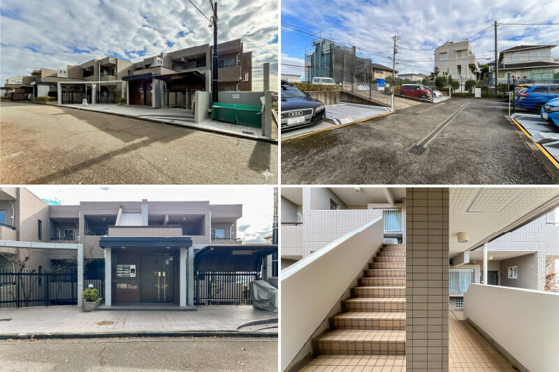 <b>左上・</b>1997年築、全18戸、地上4階建て。傾斜地に建っていて、エントランスは3階部分に設けられています。／<b>右上・</b>敷地内には平置きと機械式駐車場が。／<b>左下・</b>6戸毎にエントランスが分かれた可愛い造り。オートロック付き。／<b>右下・</b>ご紹介した住戸はエントランスと同じ3階に所在。