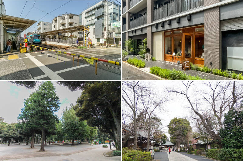 <b>左上・</b>世田谷線沿線の中でも高い人気を誇る「松陰神社前」駅まで徒歩5分。／<b>右上・</b>商店街には小さくてセンスのいいお店が並びます。「BLUEM COFFEE COUNTER（ブルームコーヒーカウンター）」はベビーカーでの入店も可能です。（徒歩7分）／<b>左下・</b>遊具が充実した「若林公園」。犬のお散歩コースにもいいですね。（徒歩4分）／<b>右下・</b>街のシンボル「松陰神社」までわずか徒歩3分。なんだか御利益ありそうですね。