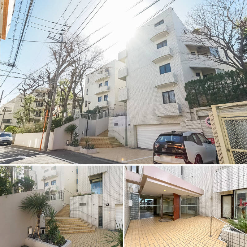 静かな通りに面した1982年築、全21戸の小規模なマンションです。植栽のセレクトが素敵。メインエントランスは階段を上った先にあります。