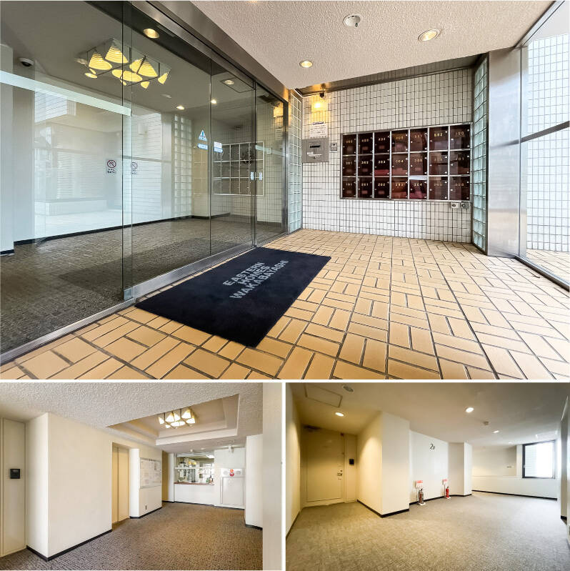 <p><b>上・</b>オートロックが備わったエントランス<b>。</b>ガラスブロックやポスト、照明の意匠が堪りません。／<b>左下・</b>管理人さんは週5日8時から15時まで勤務されています。／<b>右下・</b>窓があり明るい、カーペット敷きの内廊下。左手がご紹介する住戸の玄関ドアです。</p>