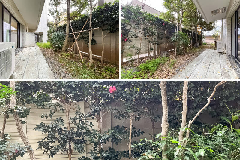 南西向きのテラスの先に、サザンカなど季節の移ろいを感じられる植栽が。お隣との境界がないため、お互いに配慮しながら暮らすことになりそうです。階数は3階ですが、マンションが傾斜地に建っているため目の前には戸建て住宅が並んでいます。