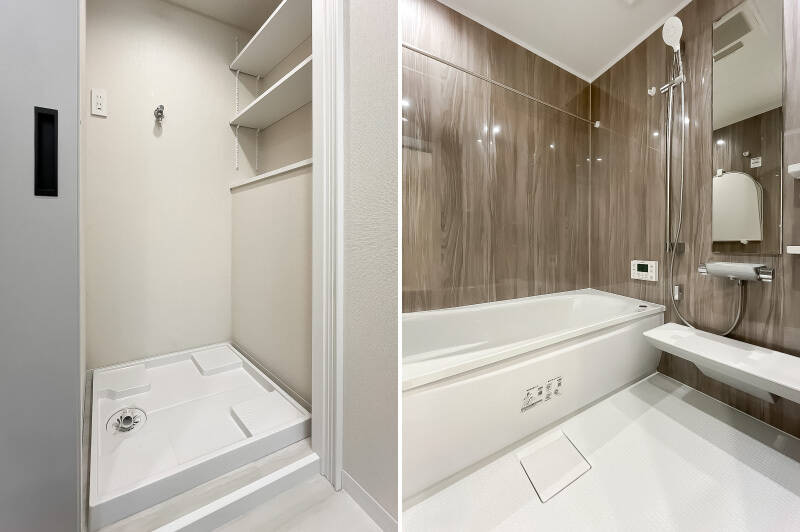 <b>左・</b>洗面台の対面には洗濯機置き場。引き戸で隠せるようになっています。／<b>右・</b>1616サイズのユニットバス。