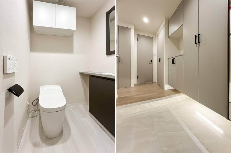 <b>左・</b>手洗いカウンター付きのトイレ。／<b>右・</b>玄関まわりも収納が豊富。玄関ドアが内開きのため、ベビーカーを置く際などはご注意ください。