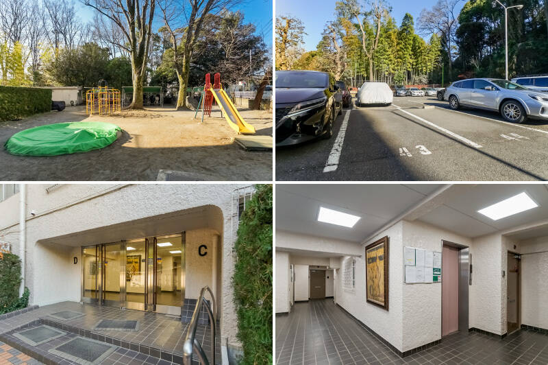 <b>左上・</b>管理人室のお隣には、敷地内の公園が。子ども用の自転車が多数停めてあり、ファミリー世帯が多く住まわれているようです。／<b>右上・</b>こちらのお部屋にはなんと「専用使用権付駐車場」が1台分付いております！ 月額9,000円で平置き駐車場が使えるのはうれしいですね。／<b>左下・</b>こちらが今回ご紹介する住戸がある棟のエントランス。スロープもありますよ。／<b>右下・</b>清潔感漂うエレベーターホール。オートロックはありませんが、監視カメラがしっかり見守ってくれます。