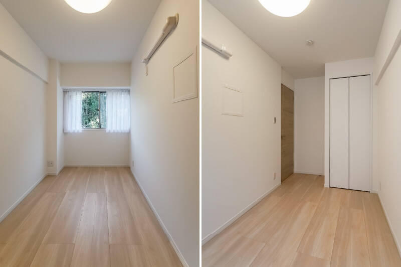 3つ並ぶ洋室のひとつ約4.9帖の居室からは、窓の奥に森の緑が。こちらは「国分寺崖線」の緑と、有形文化財に指定されている「旧小坂家住宅」敷地内の緑地です。