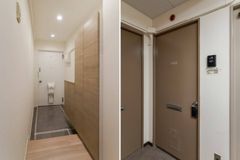 <b>左・</b>シューズボックスは入ってすぐ左手にあります。／<b>右・</b>こっくりとした茶色のドアを閉めるとすぐ目の前がエレベーターです。