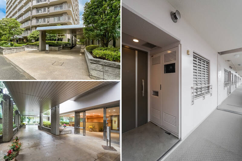 <b>左上・</b>大きな庇がカッコいいエントランス。／<b>左下・</b>12月の取材だったので、共用部のあちこちでクリスマスの飾りを見かけました。ホールに大きなツリーがあるマンションって、雰囲気がよくてどうしても好きになってしまいます♡／<b>右・</b>ご紹介の住戸は8階に。共用廊下に面した窓にルーバーの雨戸が備わっており防犯面がGOOD。