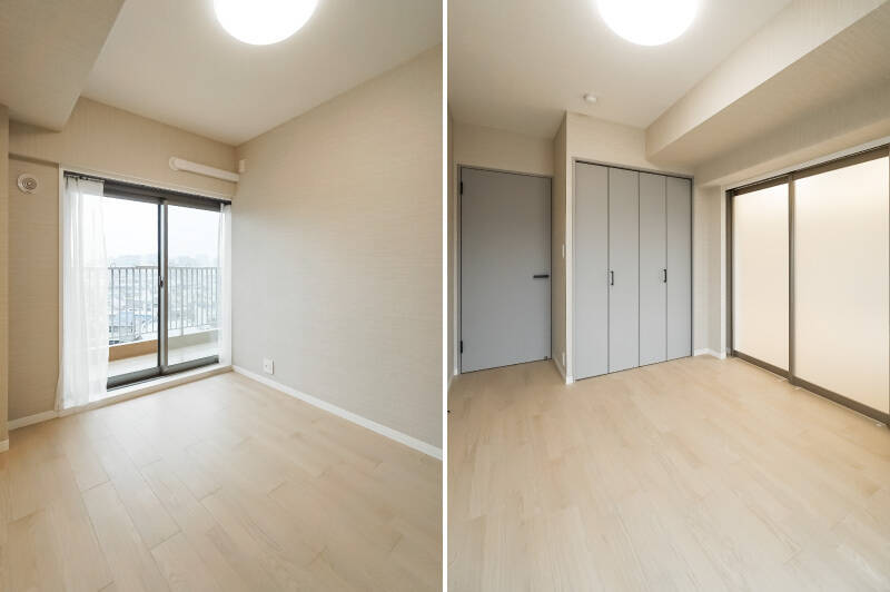 LDKのお隣の洋室Ａ。引き戸がほんのりと光を通すおかげで圧迫感のない空間になっています。クローゼット横のドアからは廊下へ通り抜けが可能です。