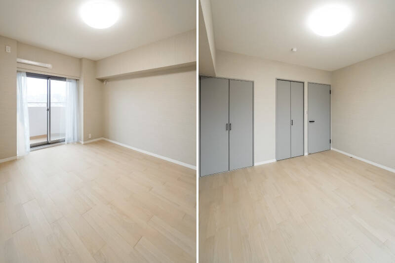 <b>左・</b>4部屋の中でいちばん大きい、約8帖の洋室Ｂ。南西向きの掃き出し窓からバルコニーに出られます。／<b>右・</b>写真左端は収納ではなく電気温水器置き場です。中央の扉を開けると、奥行きたっぷりのウォークインクローゼット（WIC）が備わっています。