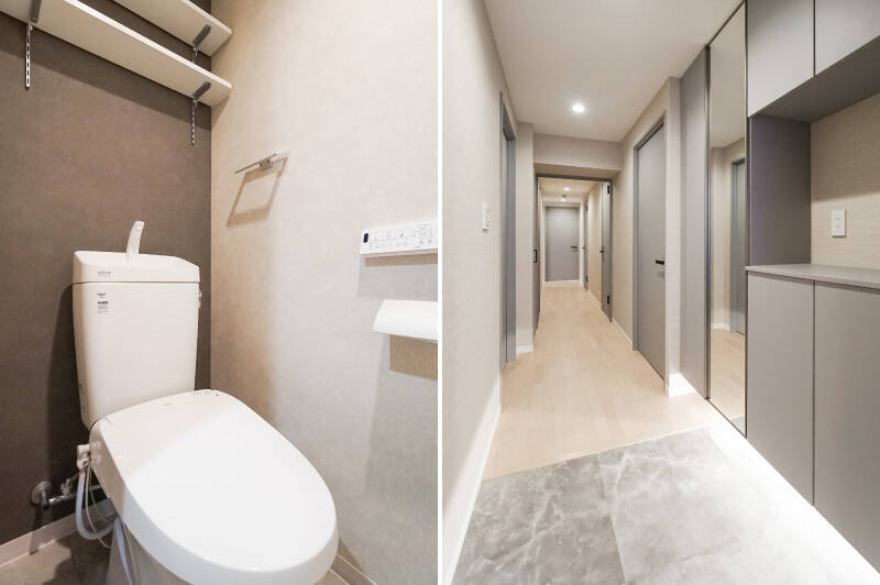<b>左・</b>約107㎡というゆったりサイズの物件ですが、トイレだけは比較的コンパクトです。立て篭もりが発生しづらくなって家族生活的にはむしろイイ？／<b>右・</b>間接照明やミラーをあしらった、明るい印象の玄関。シューズボックスのほか、廊下の中ほどには物入れも備わっています。