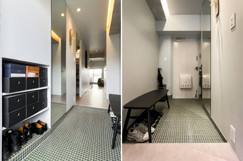 ベンチが設置できるほどのゆとりがある玄関スペース。大きな姿見があって身だしなみの最終確認もしっかり出来そうです。