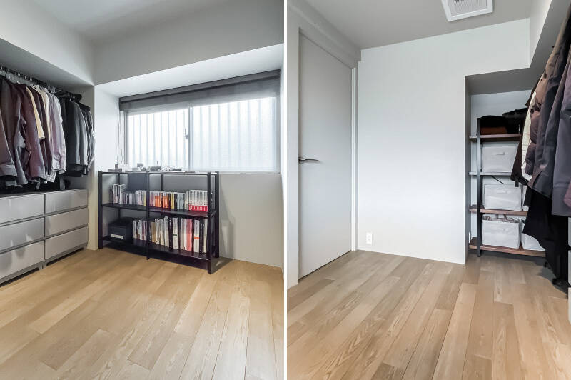 共用廊下に面した居室。窪んだスペースにハンガーパイプが配されているので、洋服を掛けても収まりがいい◎