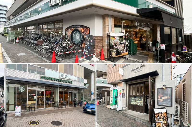 <b>上・</b>最寄りの「鶴川」駅前に建つ大型スーパー「Odakyu OX 鶴川店」。23時まで営業しており、日常の心強い味方になってくれそう。（徒歩10分）／<b>左下・</b>サードプレイスにあると便利な「スターバックス コーヒー 鶴川店」。売主さまもよく訪れるそう。／<b>右下・</b>パティスリー&amp;ベーカリー「こがさかベイク 鶴川店」は売主さまのおすすめスポット。ここで買ったケーキやパンをお供に自宅で作業する、なんていうのも素敵。