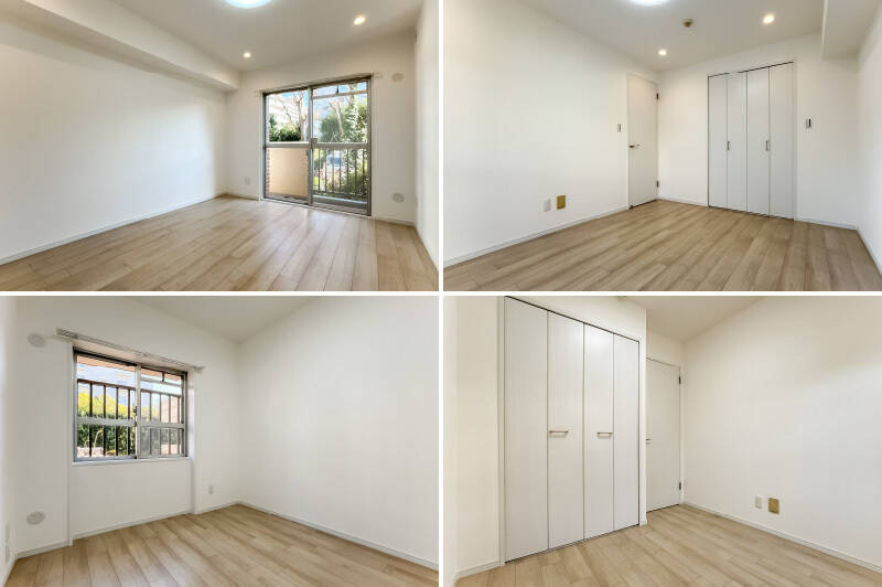 <b>上・</b>約6.2帖の洋室B。奥行きのしっかりとある収納とコンパクトなバルコニーが付いています。／<b>下・</b>約4帖の洋室C。こちらにも収納が備わっていますよ。