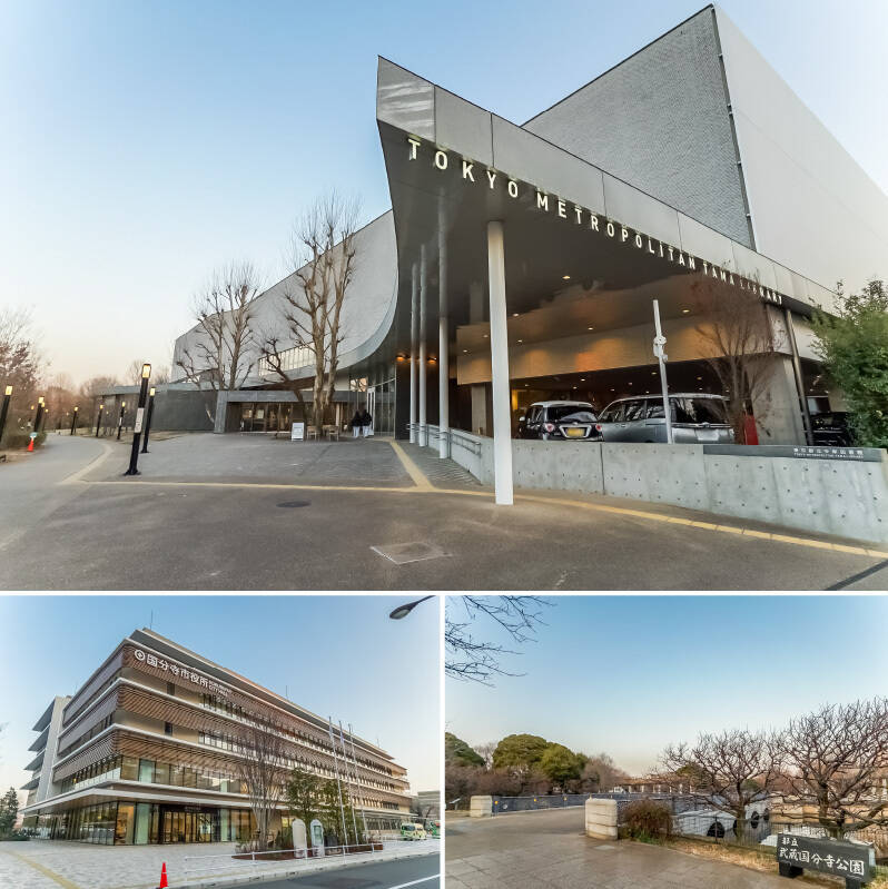 <b>上・</b>外観がスタイリッシュな「都立多摩図書館」。子ども向けスペースに加えカフェスペースもあるので、お出かけの定番スポットになりそうですね！（徒歩8分）／<b>左下・</b>図書館の並びにある「国分寺市役所」。何かと便利ですね。（徒歩6分）／<b>右下・</b>自然に触れたくなったら図書館と市役所の裏手に広がる「武蔵国分寺公園」へ。一周500mの円形芝生広場を中心に、水と緑が楽しめるゆったりした公園です。（徒歩7分）