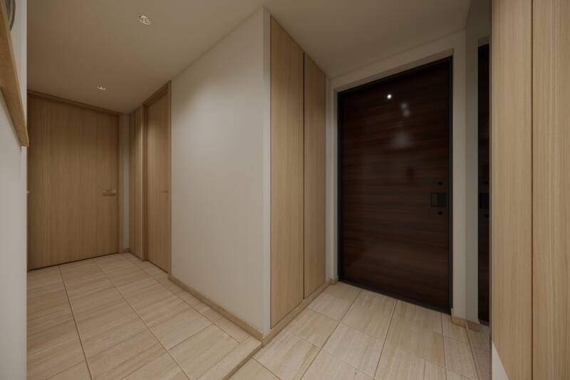 玄関土間〜廊下の床はお揃いのタイル仕様で、空間が広く、そして整って見えます。