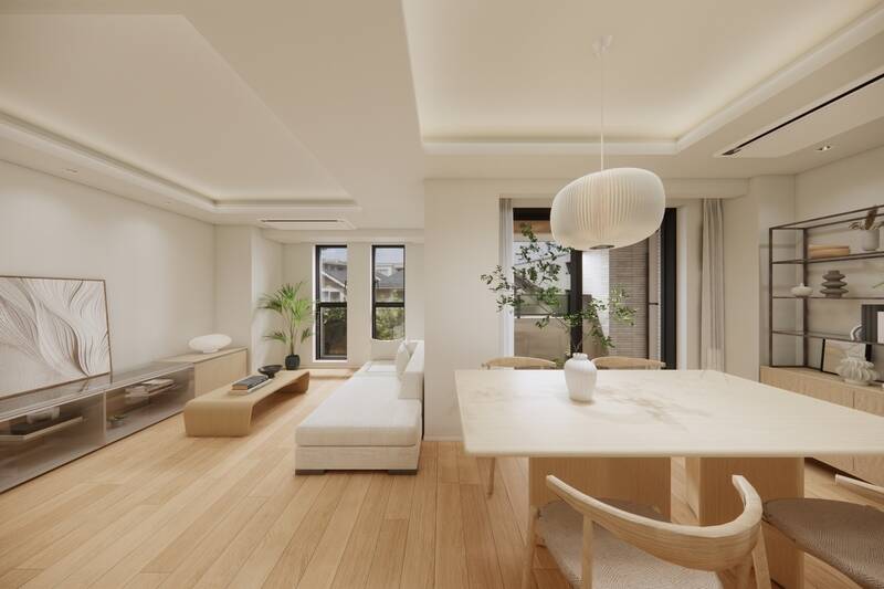 LDKの広さは約18.8帖。淡いホワイトを基調として、オークやグレーの色調で統一感を演出した空間です。折り上げ天井には間接照明を仕込み、品のある内装に仕上げます。