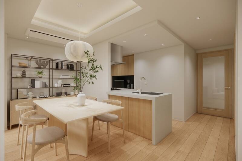 キッチンの天板はお手入れがしやすく、ダイニングスペースへの料理のサーブもスムーズなフラットタイプです。