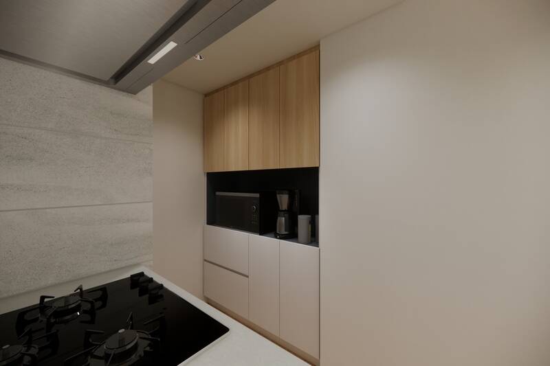 背面には備え付けのカップボードがあり、調理家電やキッチンまわりの道具を収納できます。