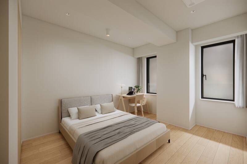 洋室Ａは南東向き。収納付きで、メインのベッドルームとして検討しやすい個室です。CGイメージではワイドダブルベッド（1500x1910）を配置。