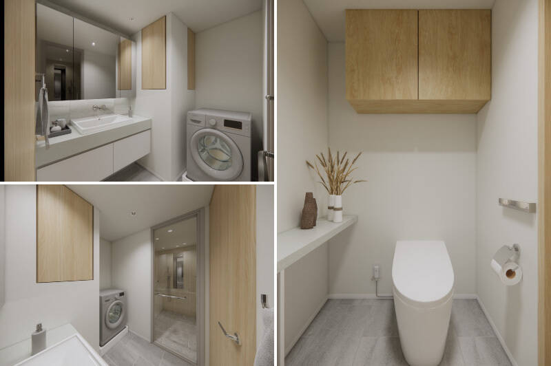 <p><b>左上・</b>洗面台は下部がオープンな造りで、抜け感のあるデザイン。2箇所ある木製扉の内側は収納スペースになっています。／<b>左下・</b>1418サイズのバスルームは、浴室乾燥機・オートバス・ミストサウナ付き。／<b>右・</b>トイレは廊下からアクセスする間取り。吊り戸棚と手洗い器付きのカウンターを設けます。</p>