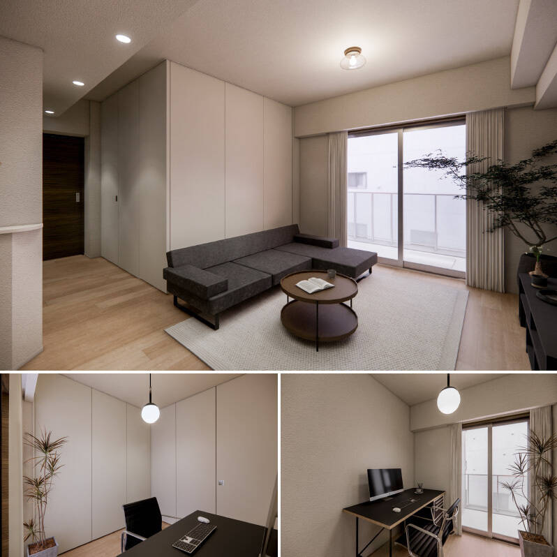 <b>上・</b>ウォール建具を使用したイメージがこちら。／<b>下・</b>洋室Aは約3.6帖のお籠もり感ある空間。ワークスペースとして使えるほか、シングルベッドを置いて寝室としても利用できますよ。（上下・CG画像）